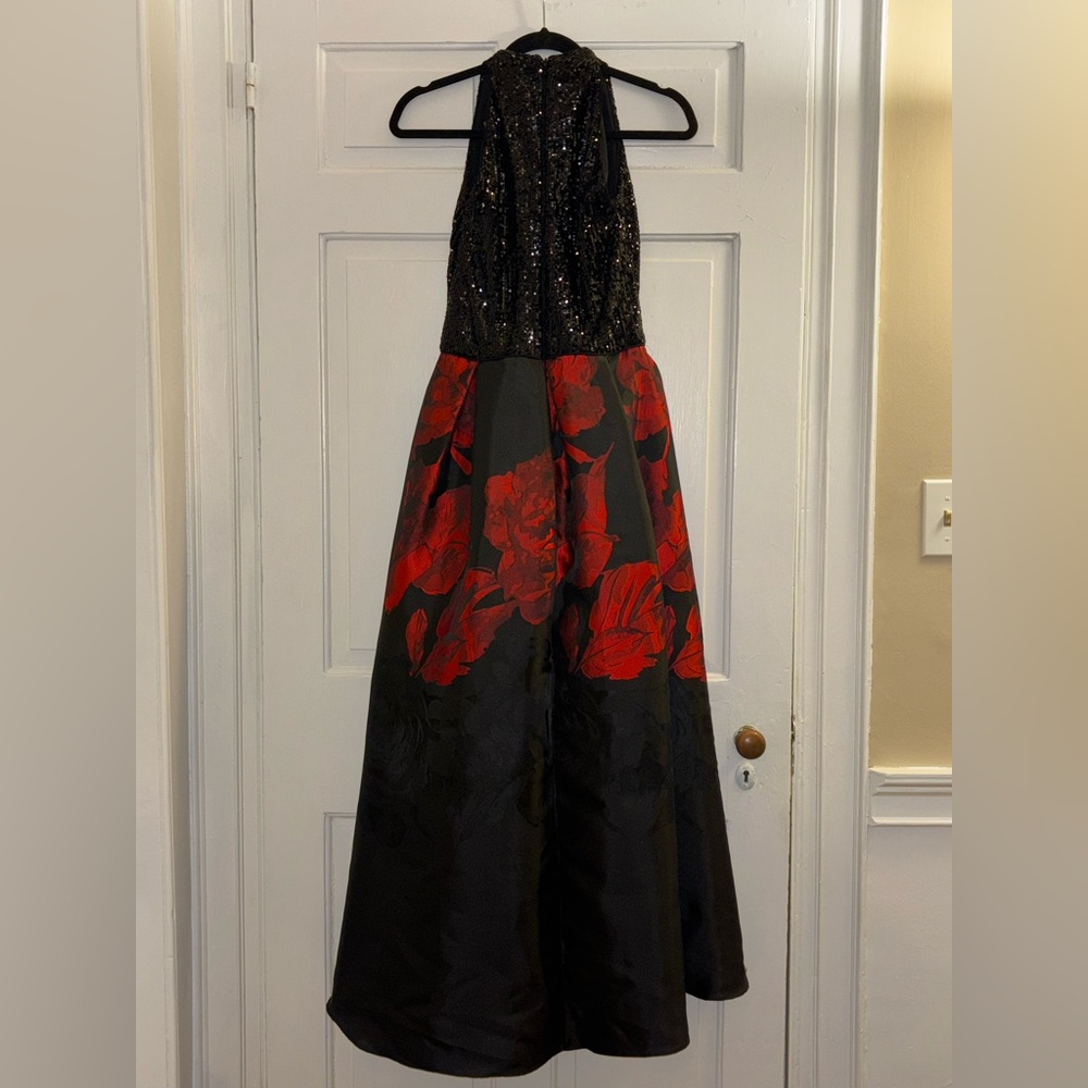 Carmen Marc Valvo Infusion V-Neck Halter Sparkle Satin Floral Gown - Picture 2 of 7